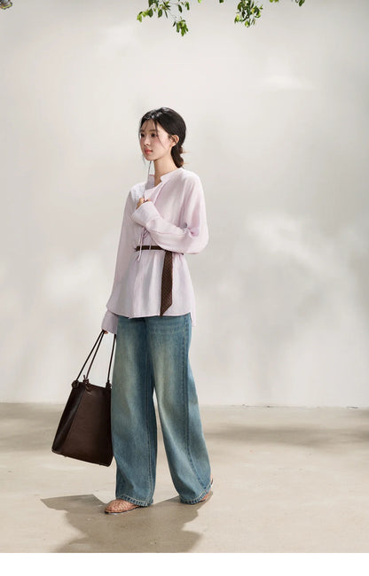 Women's Asymmetric V Neck Shirts 2026 Spring Lapel Casual Loose Tie Cuffs Solid Shirt with Polka Dot Ribbon MXF108X1002