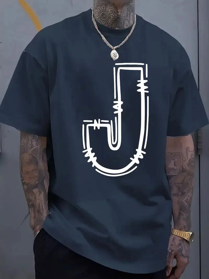 Men's Casual Cotton T-Shirt with Stylish J-Letter Print - Breathable, Comfort Fit for Spring & Summer Urban Fashion Tees for Men