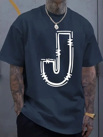 Men's Casual Cotton T-Shirt with Stylish J-Letter Print - Breathable, Comfort Fit for Spring & Summer Urban Fashion Tees for Men