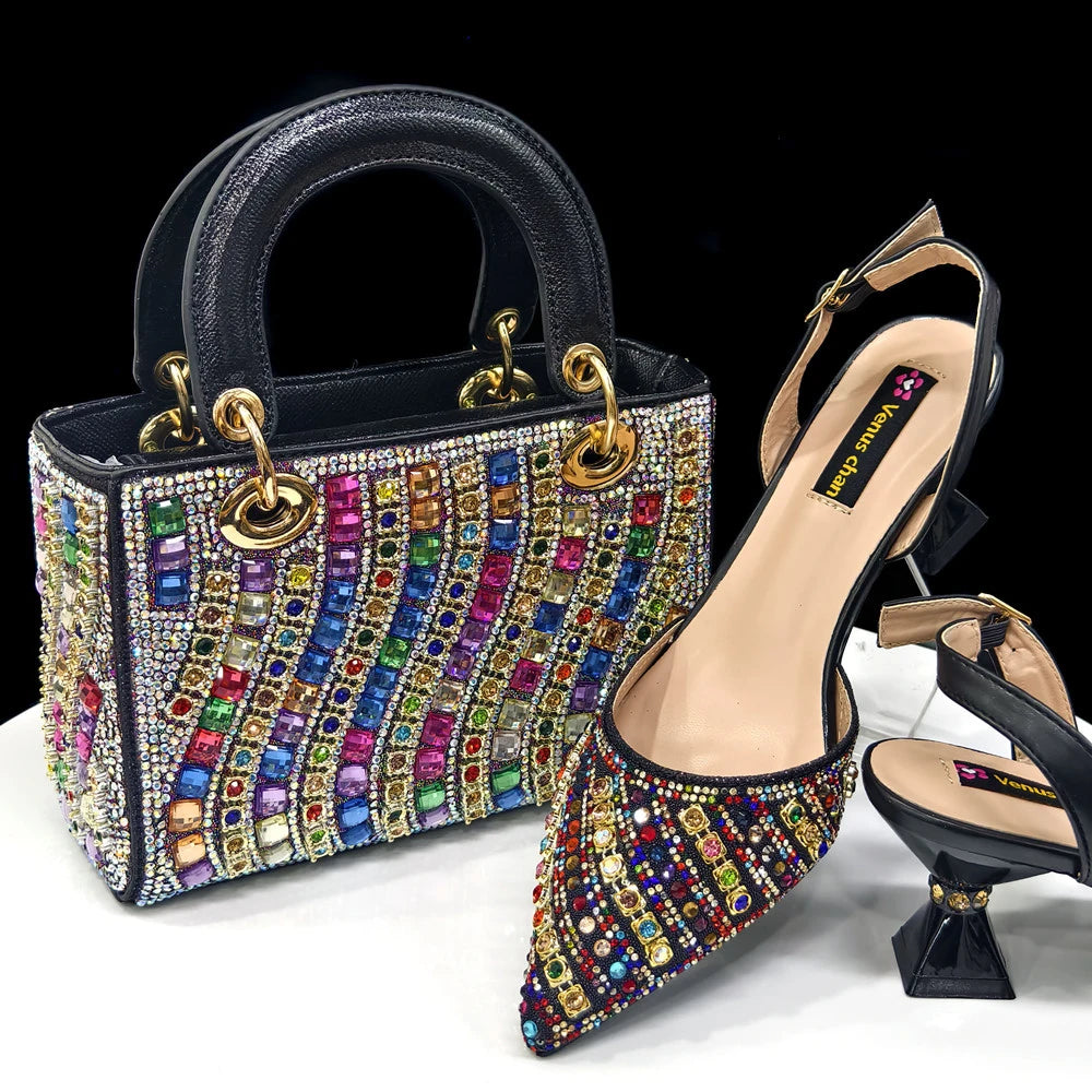 2025 Elegant Multicolor Color Women's  Heels and Rhinestone Handbag Set - Italian Design for Weddings and Parties