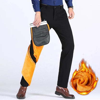 2025 Winter New Thickened Straight Slim Warm Business Casual Office Male Velvet Trousers Classic Men's Fleece Casual Pants