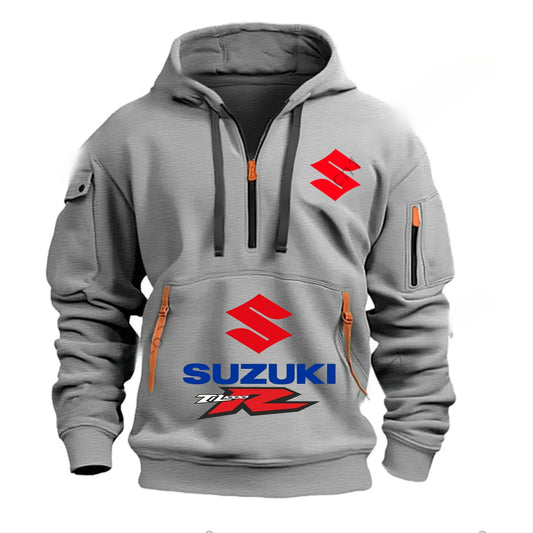 men's half-zipper long-sleeved hoodie, workwear, multi-pocket running, fitness and sports jacket for autumn and winter