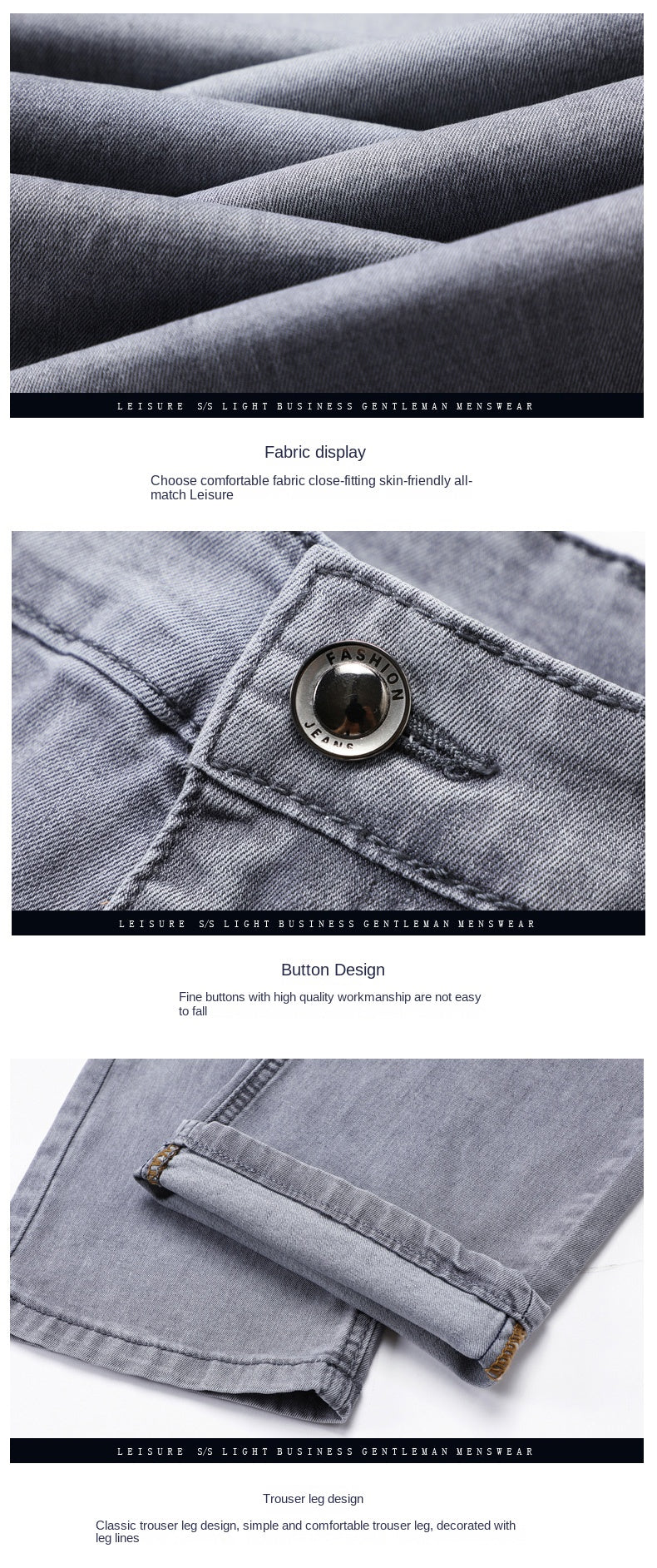 2024 Brand Thin or Thick Material Straight Cotton Stretch Denim Men's  Business Casual High Waist Light Grey Blue Jeans