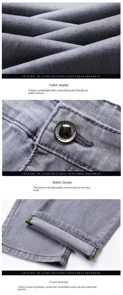2024 Brand Thin or Thick Material Straight Cotton Stretch Denim Men's  Business Casual High Waist Light Grey Blue Jeans