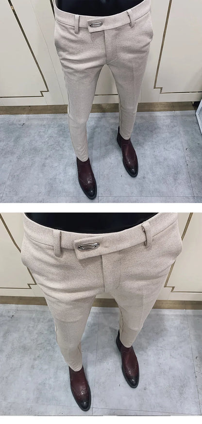 Autumn Winter Thickened Woolen Suit Pants Men Casual Slim Fit Straight Trousers Formal Business Woolen Social Office Warm Pants