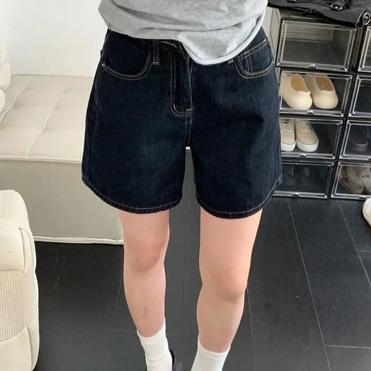 Retro Blue Straight Denim Shorts Women Summer 2026 High Waist Short Jeans Woman Korean Loose Wide Leg A-Line Hot Shorts Female