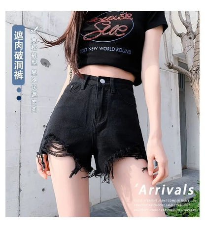 Black High-Waist A-Line Wide Leg Jeans Shorts for Women Summer 2026 Trendy Loose Fit Slimming Hot Pants Ladies Denim