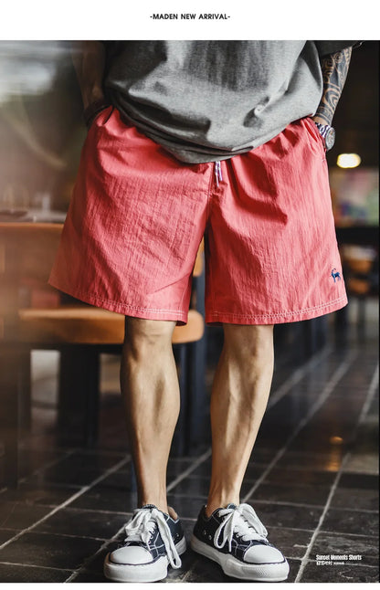 Men's American Retro Embroidered Woven Beach Shorts Lightweight Thin Five Inch Amekaji Style Daily Casual Summer Trousers