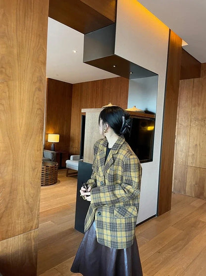 Women's Mid-Length Plaid Wool Coat 2025 Autumn Winter Arrival, Korean Style Warm Blazer, Trendy Yellow Brown Checkered Jacket