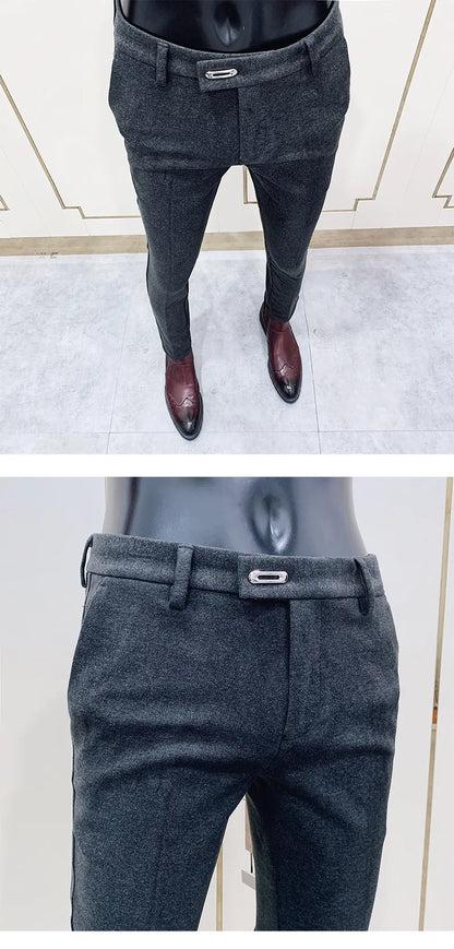 Autumn Winter Thickened Woolen Suit Pants Men Casual Slim Fit Straight Trousers Formal Business Woolen Social Office Warm Pants