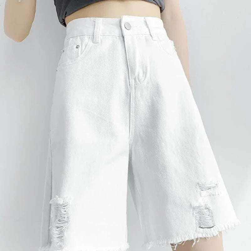 Women Tassels Denim Shorts Korean Fashion Letter Embroidery Wide Leg Shorts Casual Streetwear High Waist Female Shorts