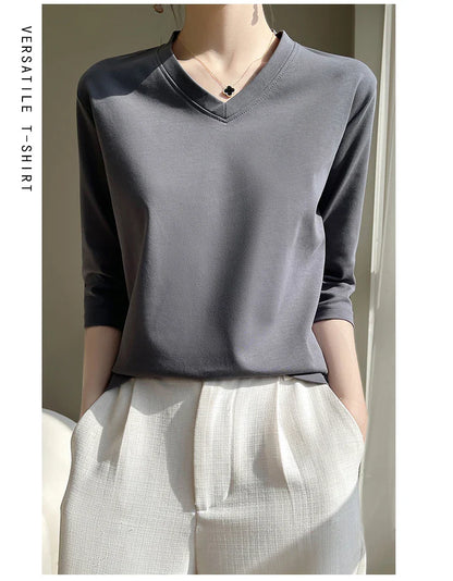 Spring And Summer New Cotton V-neck T-shirt Short-Sleeved Women's Half-Sleeve Bottoming Shirt High-End Cropped Sleeve Top