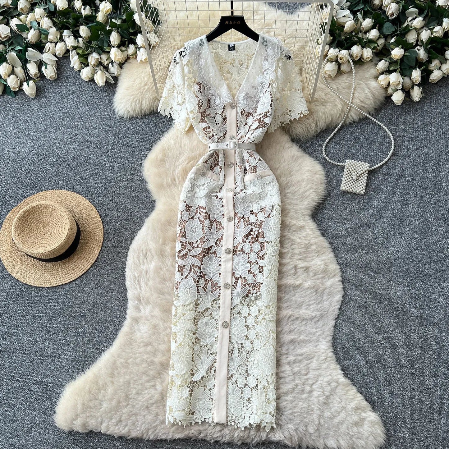 Classy Vintage Flower Lace Dress Office Lady Hollow Out Sashes Short Sleeve Bodycon French Senior Straight Long Dress