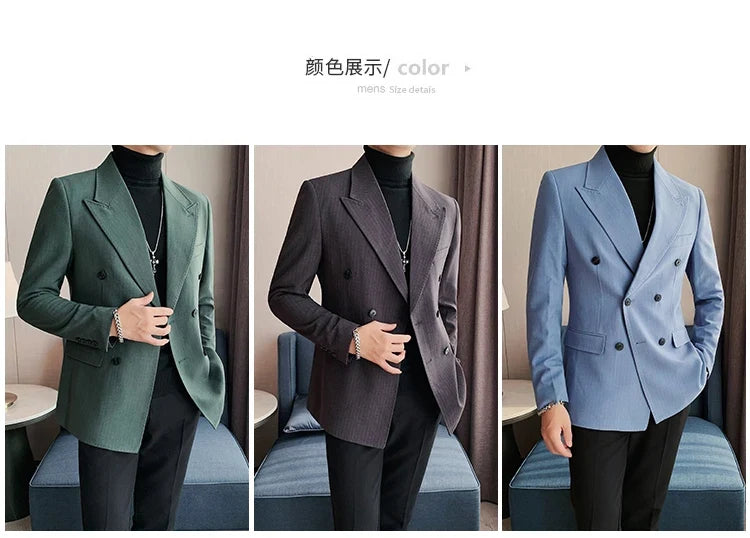 Classic Luxury Striped Men Suit Jacket Fashion Double Breasted Business Office Wedding Tuxedos Male High Quality Slim Fit Blazer