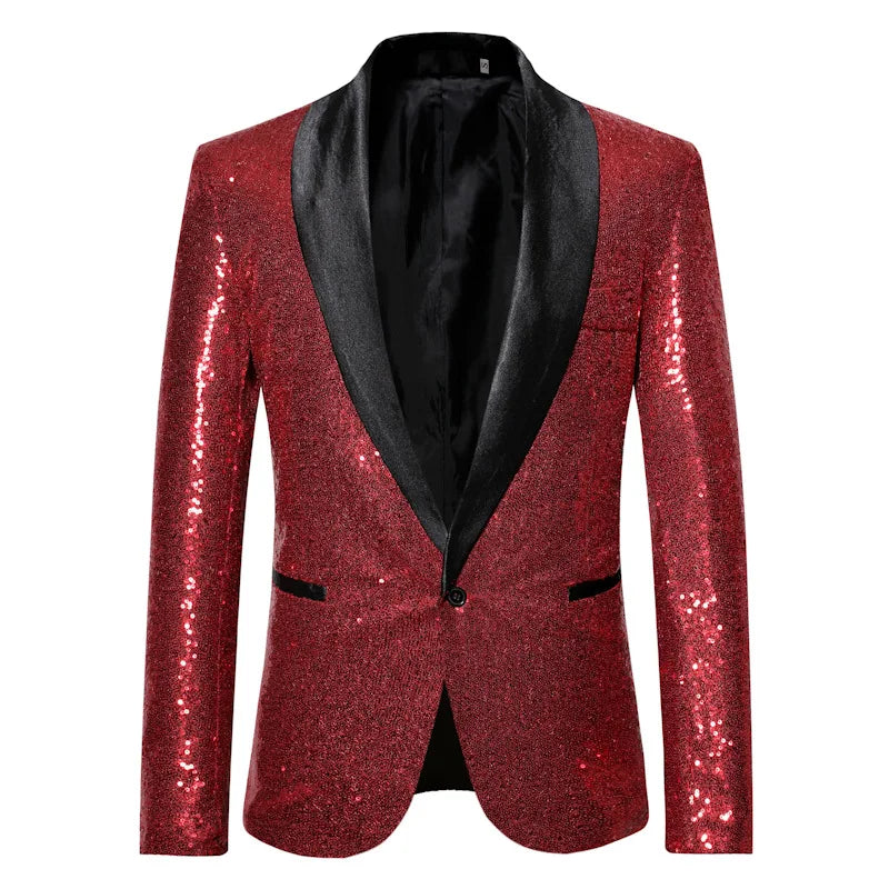 2026 Men's Suit Jacket, Shiny Sequin Stage Performance Coat, White Silver Blue Red Purple Blazers V-neck Single Button