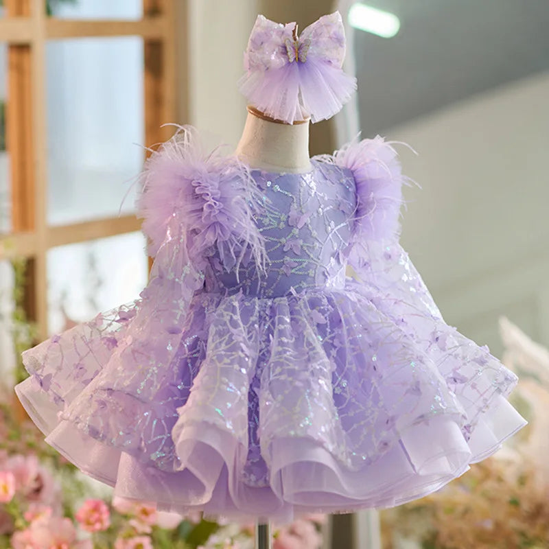 Luxury Girls' Party Dress, Long Sleeved Sequined Butterfly Mesh Dress, One Year Old Birthday Gift, Elegant Dress for Girls Aged