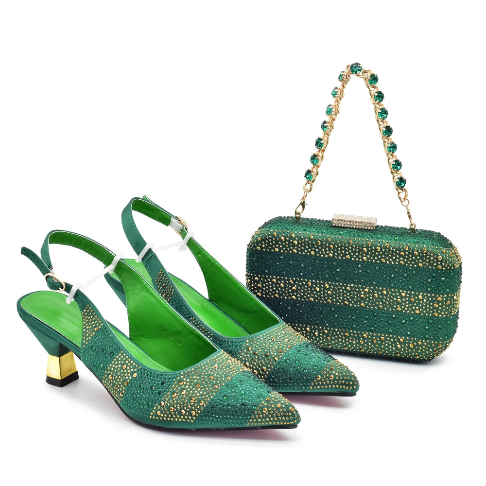 New Fashion Women Nigerian Italian Shoes and Bags Set Decorated with Rhinestone Elegant Woman Heeled Shoes Wedding Leather Shoe