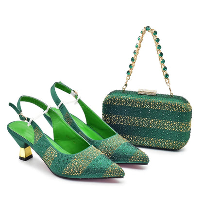 New Fashion Women Nigerian Italian Shoes and Bags Set Decorated with Rhinestone Elegant Woman Heeled Shoes Wedding Leather Shoe
