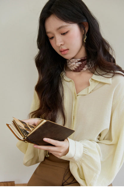 Women's Lapel Lantern Sleeve Shirts 2026 Spring Lace Trim Casual Loose Breathable Solid Shirt Office Lady MXF13C2436
