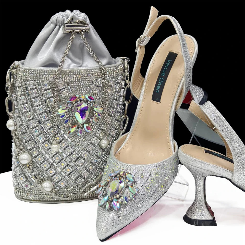 2024 Latest Wedding Pointed Toe Women's Shoes High Heel Black Color Rhinestones italian shoes and bags matching set