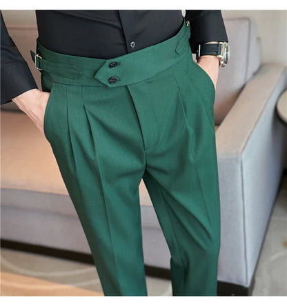 British Style Autumn New High Waist Trousers Men Belt Design Slim Fit Suit Pants Office Social Wedding Party Formal Pants Hommes