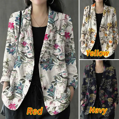 Women Cotton Blazer Vintage Lapel Neck Long Sleeve Thin Coats Autumn Elegant Work Suit Retro Floral Printed Loose Outwear