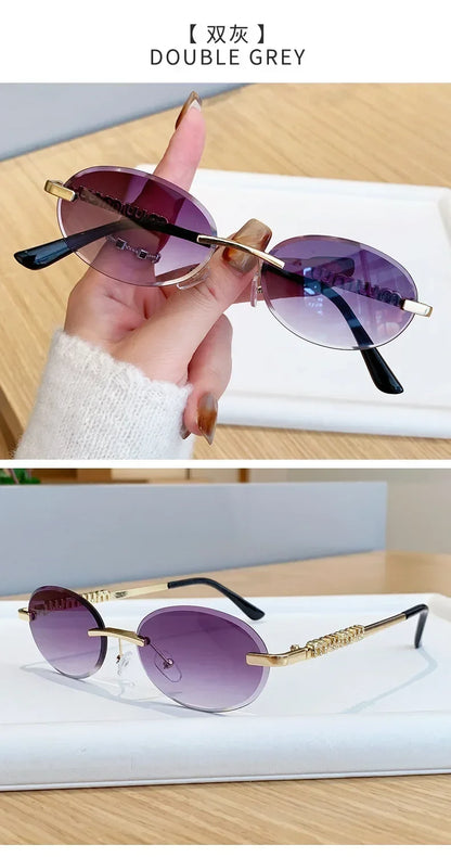 New Oval Rimless Sunglasses Women Luxury Fashion Narrow Sun Glasses Shades Trendy Elegant Diamond Eyewear Lentes De Sol Mujer