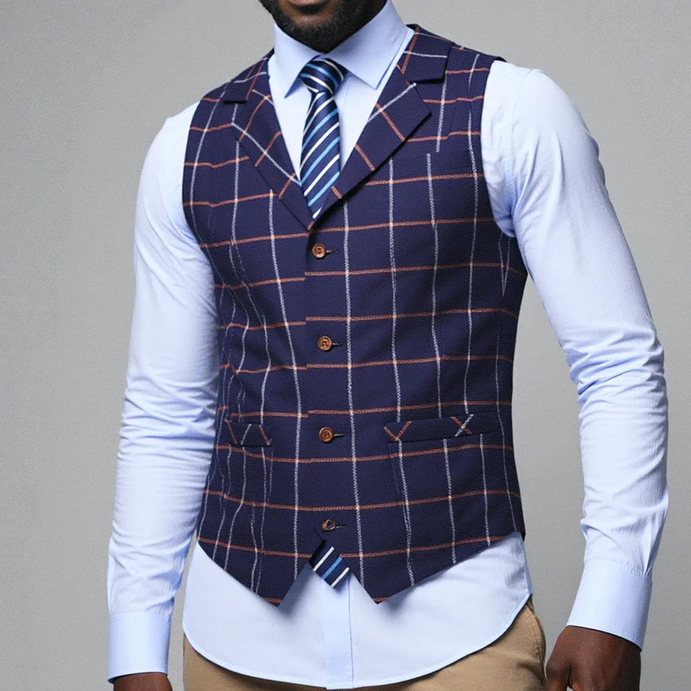 Mens Business Vest Boutique Slim Fit Single-breasted Cotton Suit Wool Plaid Navy Waistcoat For Wedding Formal Vest Groomsmen