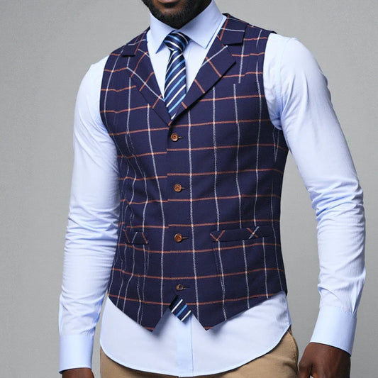 Mens Business Vest Boutique Slim Fit Single-breasted Cotton Suit Wool Plaid Navy Waistcoat For Wedding Formal Vest Groomsmen