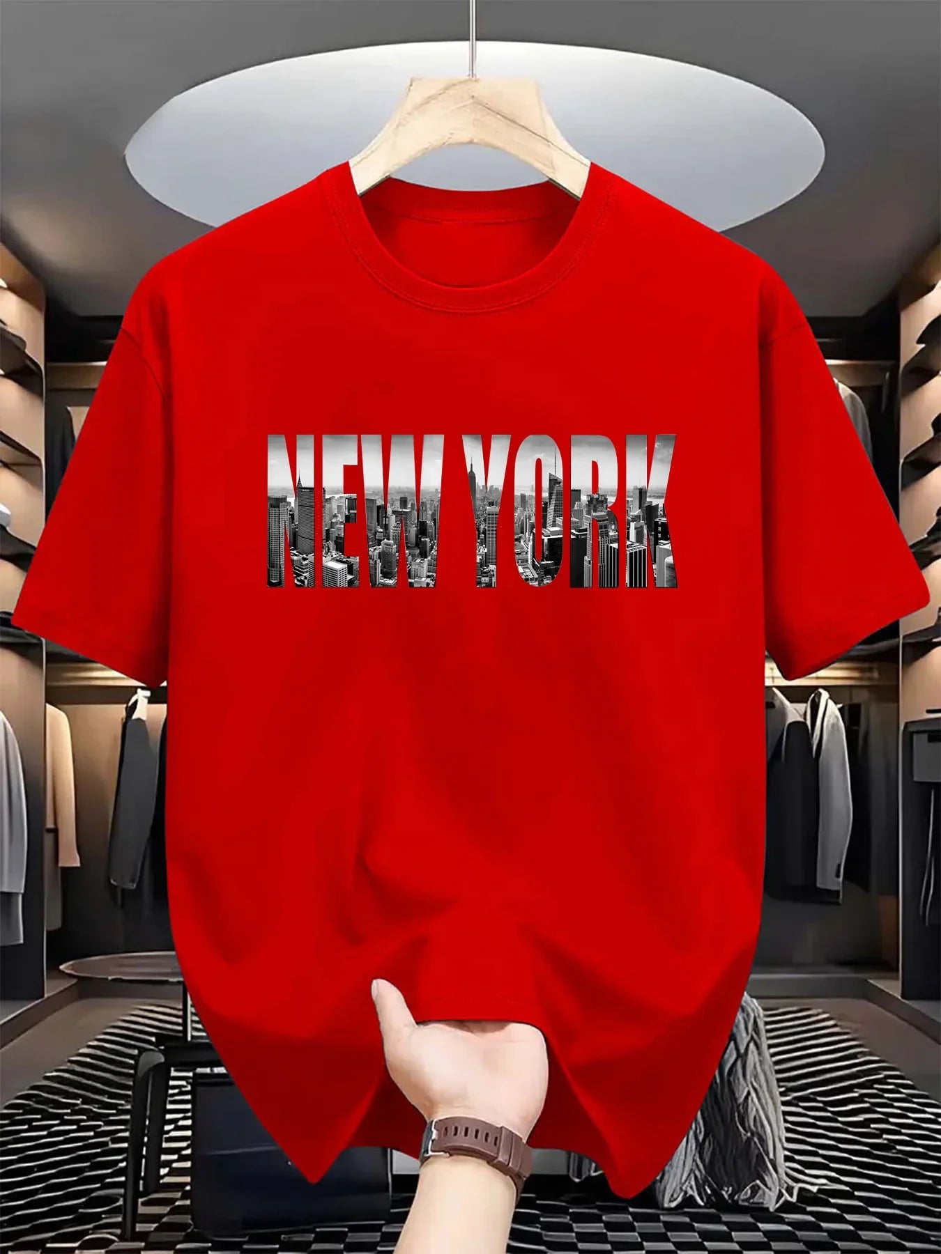 Summer men's 100% pure cotton casual loose plus size New York City printed sports comfortable round neck short sleeved T-shirt