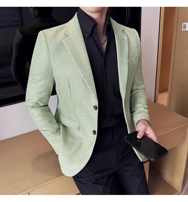 Bright Silk Thousand Bird Grid Suit Jacket Korean-style Business Fashion Slim Fit Single Breasted Men Social Party Dress Coats