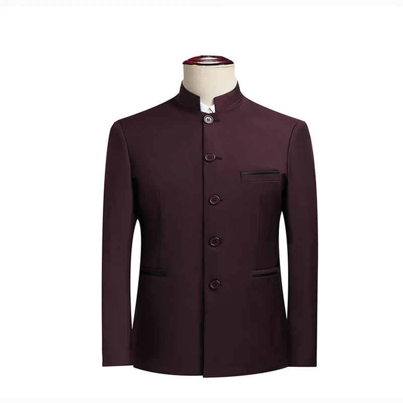 2026 New Men's Stand Collar Long Sleeve Suit Jacket, Asian Size Chinese-Style Slim-Fit Blazer in Dark Blue/Red/Grey/Black/White