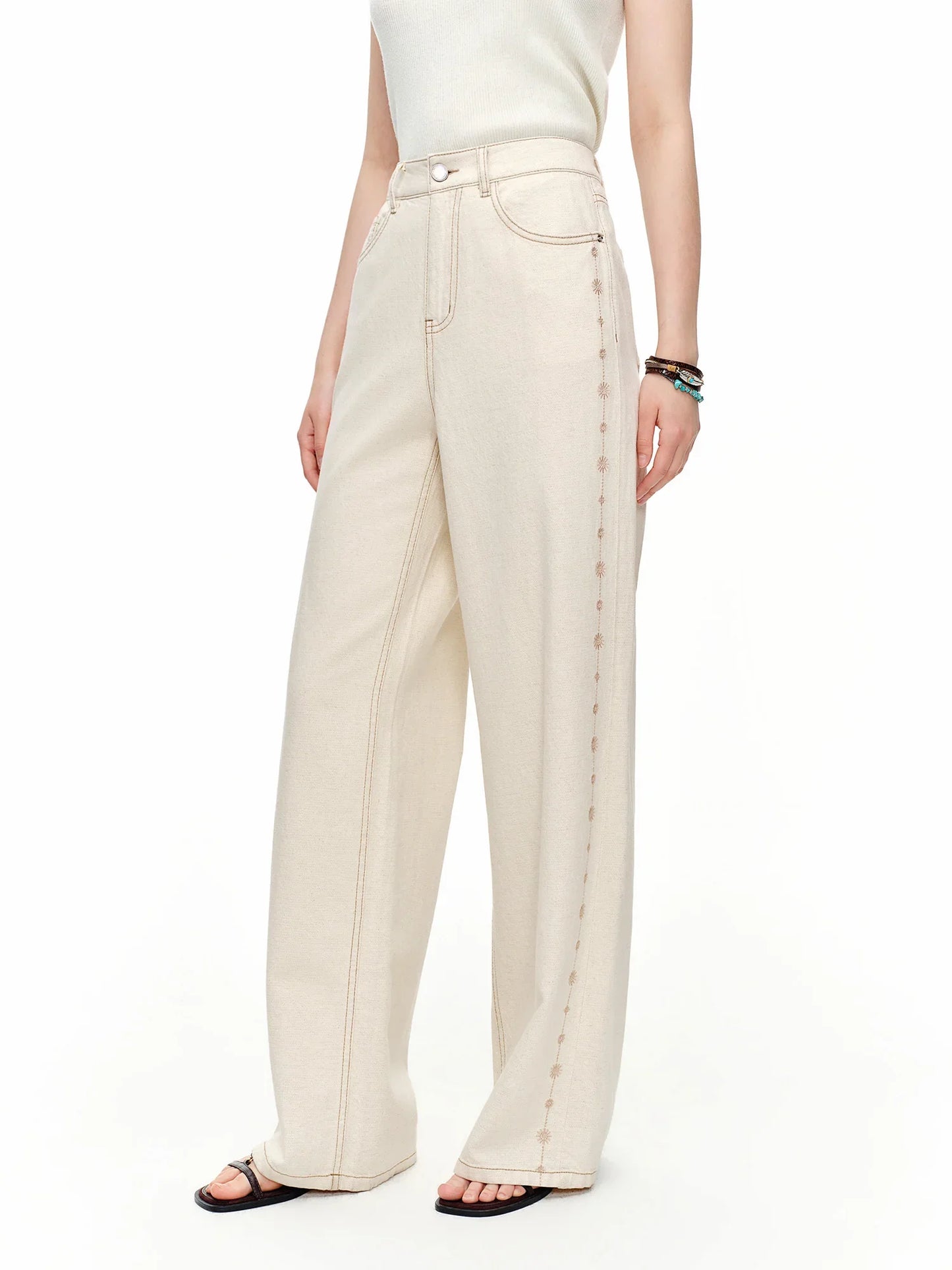 2024 Summer Women's White Linen Blend Embroidered Straight Leg Jeans - Elegant Casual Trousers for Daily and Summer Wear