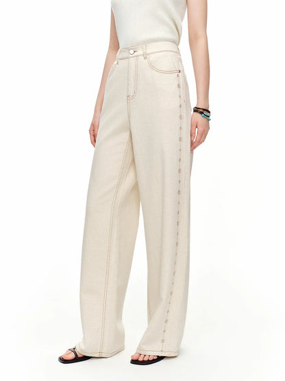 2024 Summer Women's White Linen Blend Embroidered Straight Leg Jeans - Elegant Casual Trousers for Daily and Summer Wear