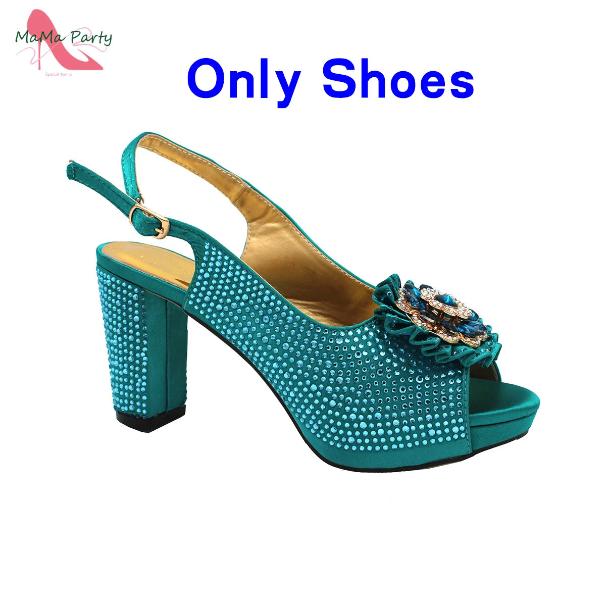 African Mature Women Shoes and Bag to Match in Teal Color Comfortable Heels with Platform for Garden Party