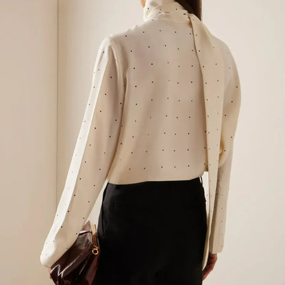Satin Scarf Neck Polka Dot Printing Women Blouse Fashion Full Sleeve Loose Basic Shirt Lady Spring New Highstreet Commute Wears