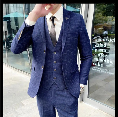 2023 Men's British Fashion Three-piece Set Slim Fit Suit Vest Trousers Ensemble Handsome Trendy All-in-one Banquet Blaze