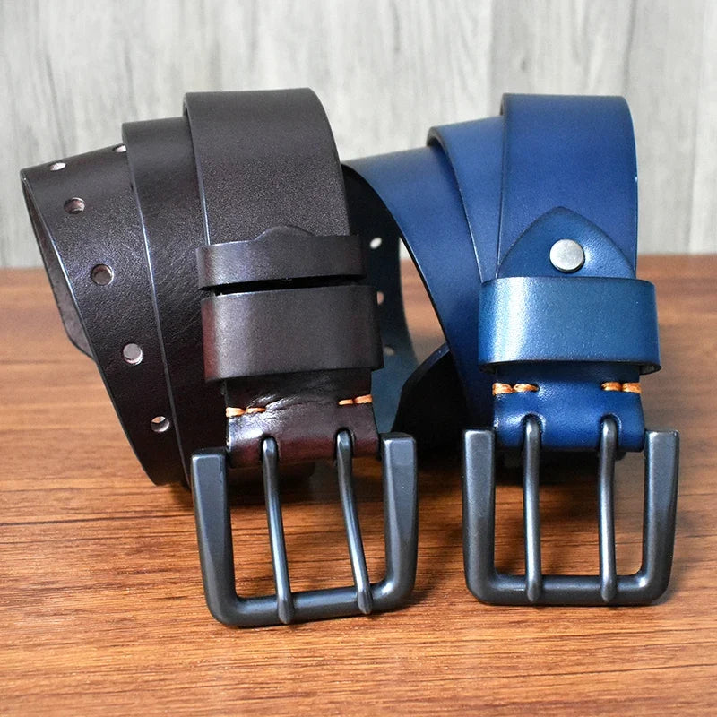 105-125cm Men's Retro Genuine Cowskin Belt Double Pin Buckle Waistband Business Luxury Belts Leather Craft Accessories