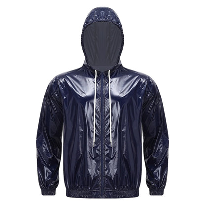 Mens Waterproof Hooded Raincoat Long Sleeve Front Zipper Rain Jacket Windbreaker with Drawstring Hood for Hiking Fishing Biking