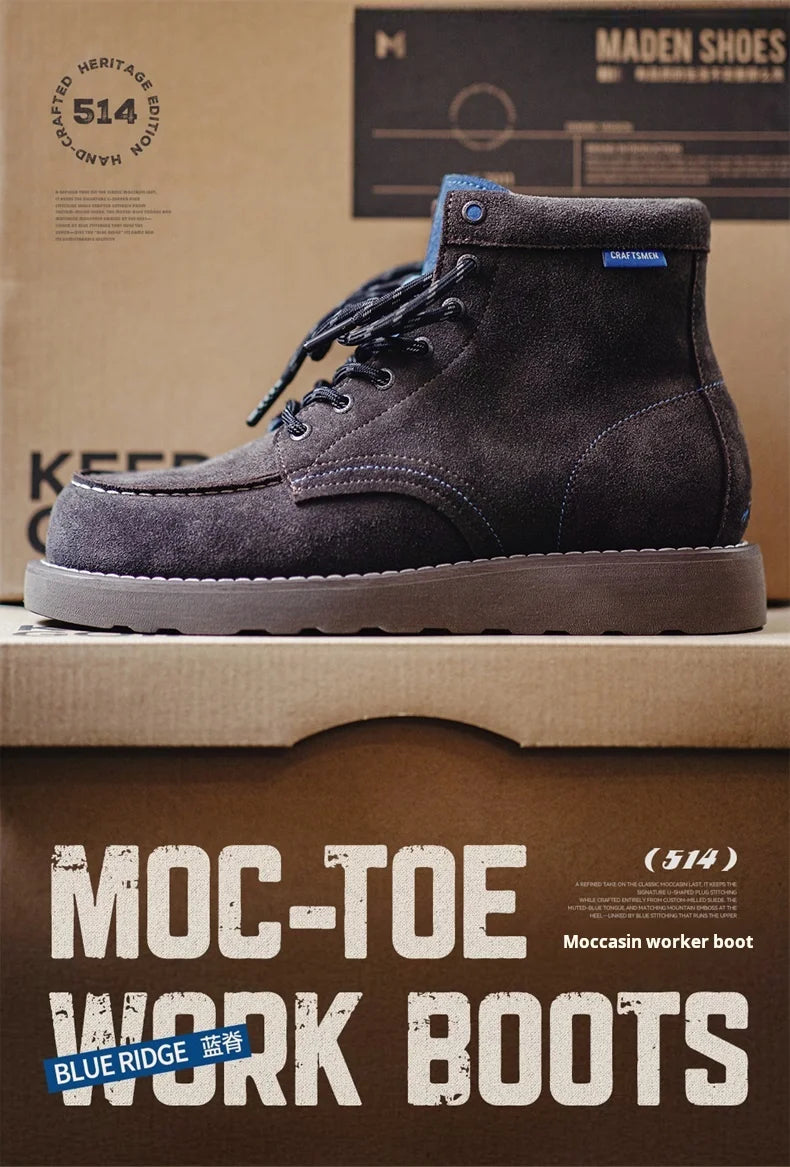 Maden Men's Vintage Brown Cow Suede Work Boots Chunky Sole Lace-Up High Top Thermal Combat Boots for Autumn and Winter Shoes