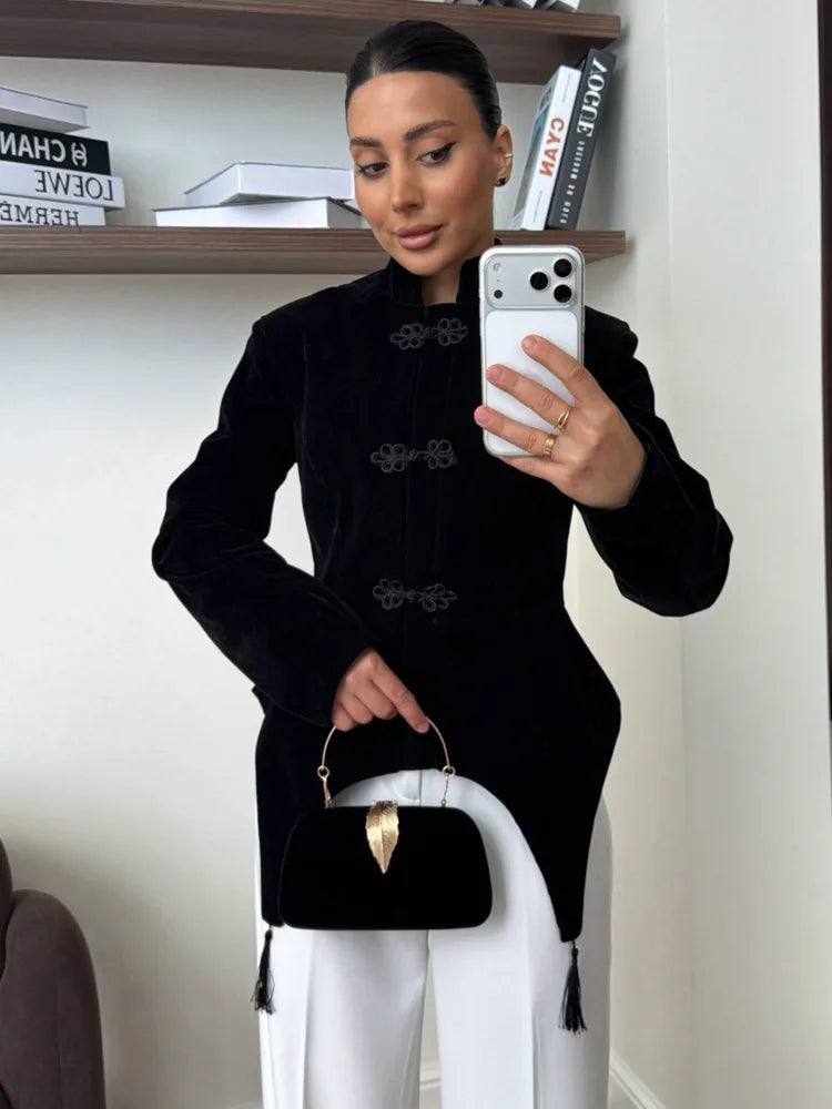 Women's Spring Summer Mandarin Collar Frog Button Velvet Asymmetric Hem Blazer Clubwear 2026 Trendy Feminine Fashion Blazer