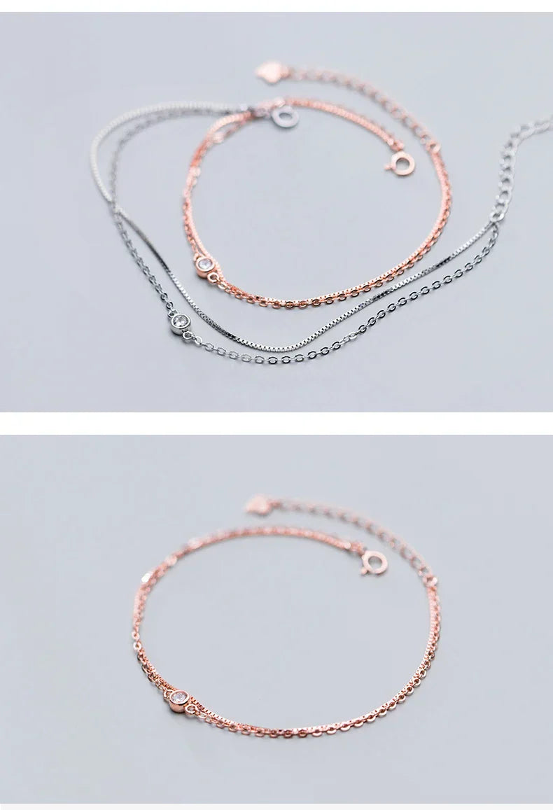 Real 925 Sterling Silver Luxury Double Layer Single Diamond Box Chain Bracelet for Women Fashion Bracelet Fine Jewelry