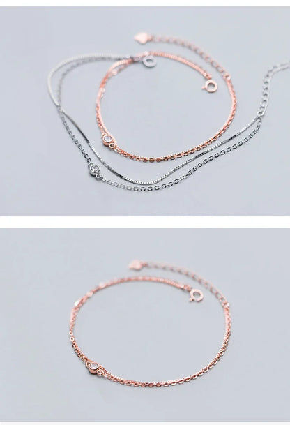 Real 925 Sterling Silver Luxury Double Layer Single Diamond Box Chain Bracelet for Women Fashion Bracelet Fine Jewelry