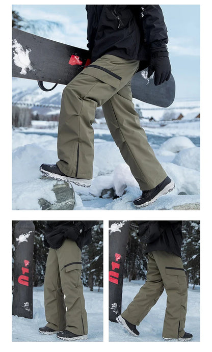 Autumn Winter Men's Three-proof Pants 90 Velvet Warm Fabrics Wear-resistant Large Pockets Elastic Waist Outdoor Sports Pants