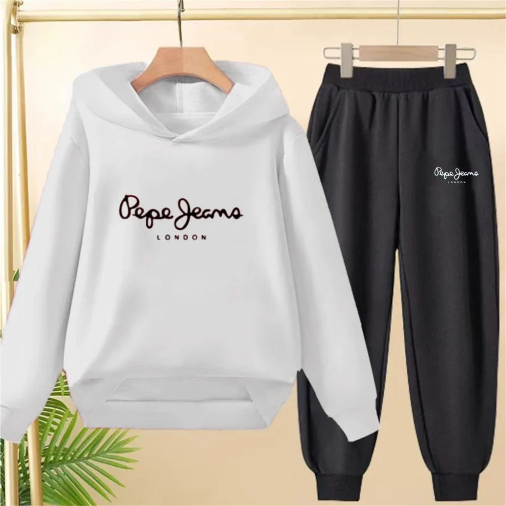 Boy Girls Children's Hoodies Suit Tops+Bottom Toddle Black Sweatshirr White Child 3-12 Year Pink Fashion Printing Coat Clothing