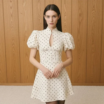 Retro Polka Dot Mini A-line Dress Elegant Stand Collar Puff Short Sleeve Waist-cinching Dresses 2026 New Lady Party Gowns