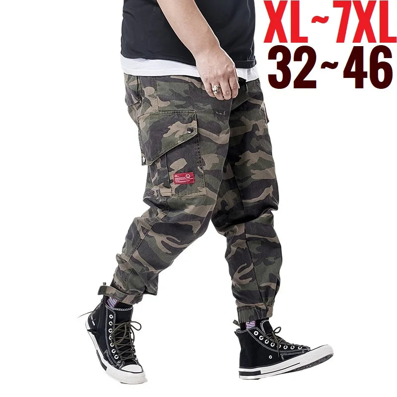 Big Size Men's Cargo Pant Elastic Waist Cotton Jogger Trouser Male Camouflage Loose Spring Pocket Extra Large Plus Baggy Hip Hop