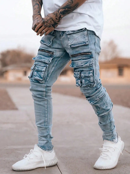 Men’s streetwear, multi pocket vehicle, snug, stretchy, light-colored jeans.