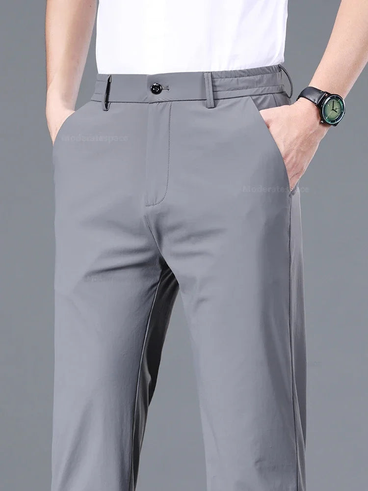 Summer Ultra-thin Casual Pants Men's High Elastic Quick-drying Ice Silk Straight Business Formal Casual Trousers Black Gray