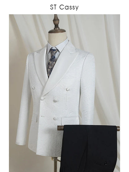 Double-Breasted Groom's Wedding 2 Piece Set White Party Outfit for Man Slim Fit Tasdo Shawl Collar Evening Gown Dinner Suit